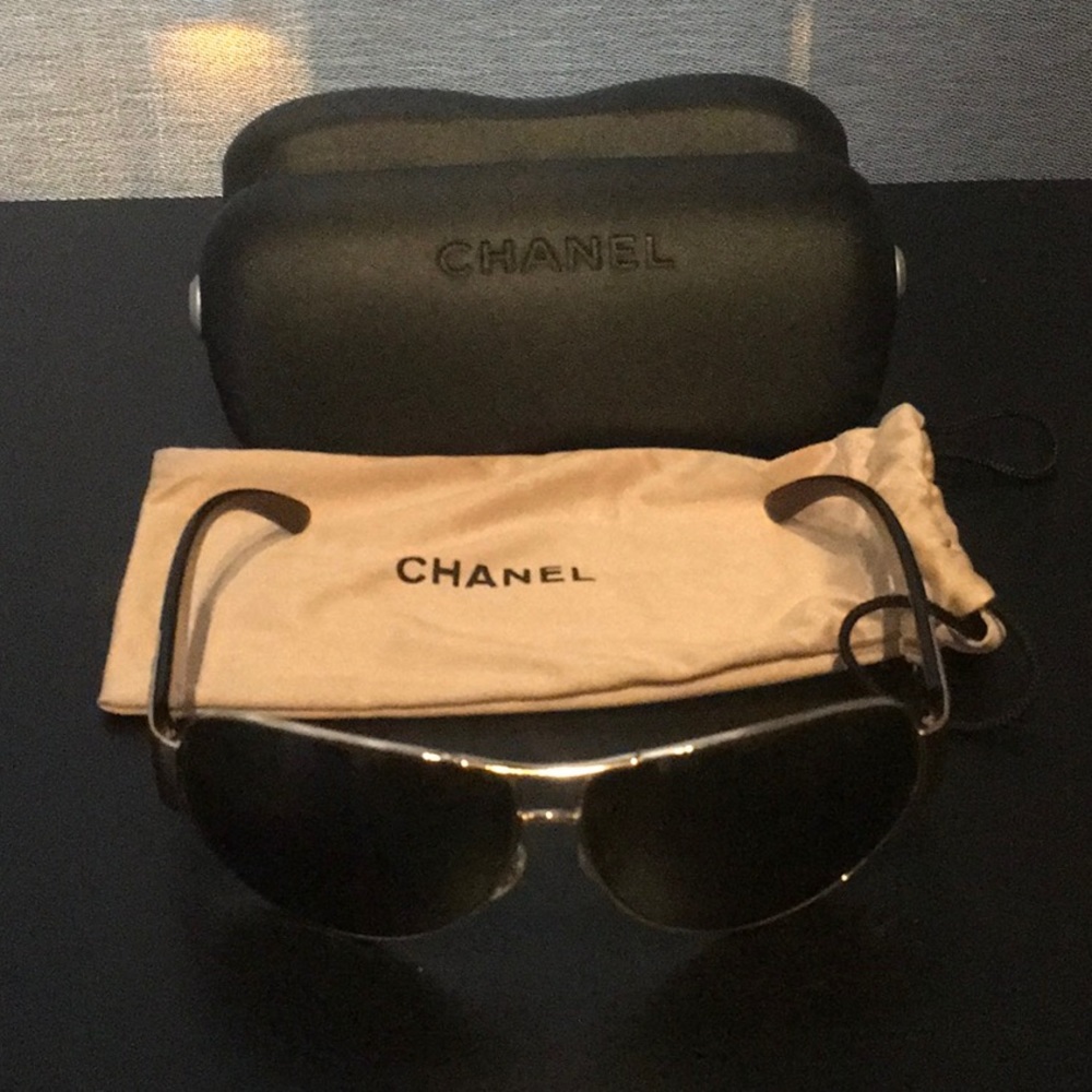 Authentic Chanel Gold Aviator sunglasses. Near New